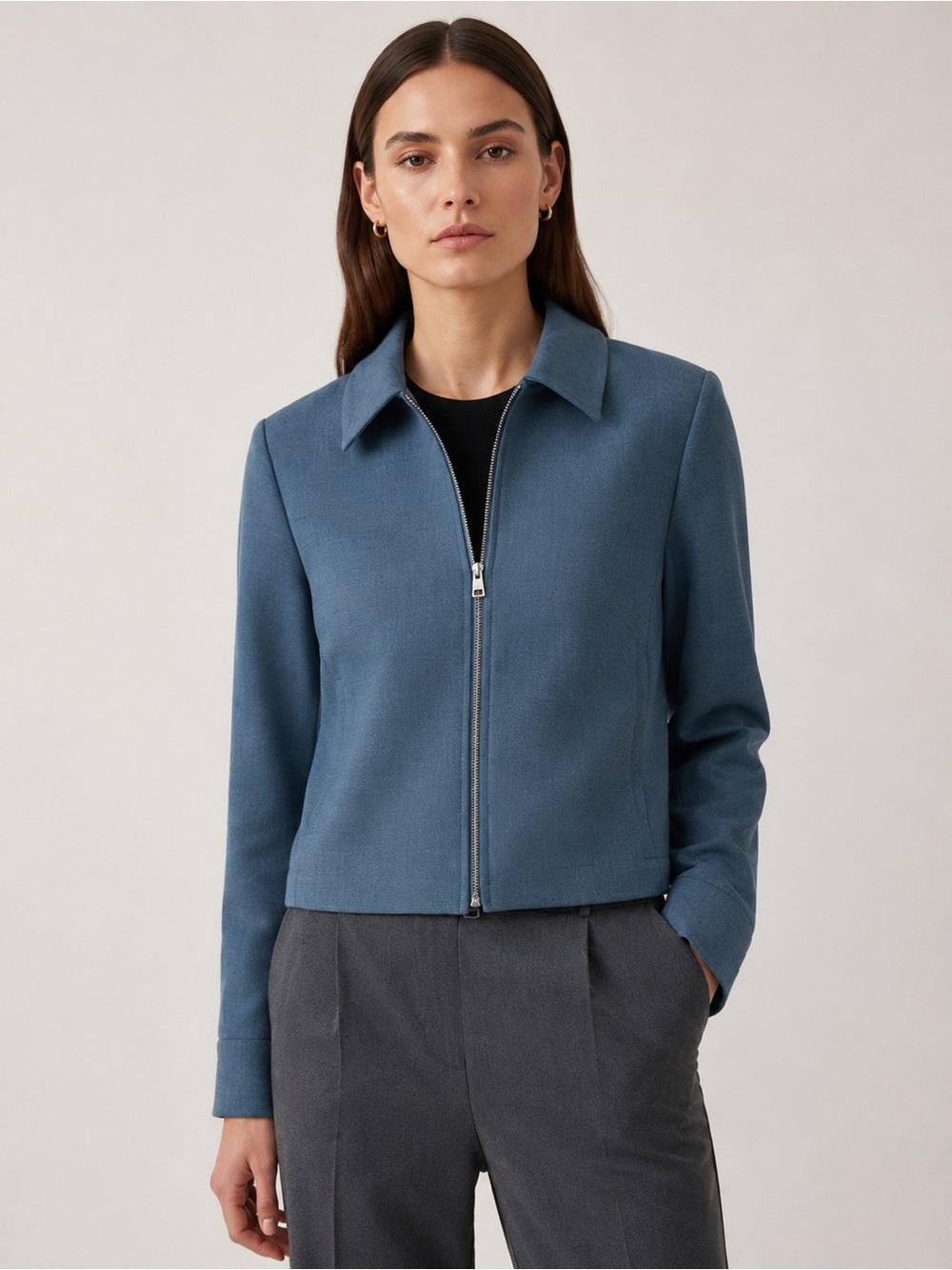 Theory 0 Staple Bomber Jacket Wool Solid Flannel Slate Blue Zip Jacket